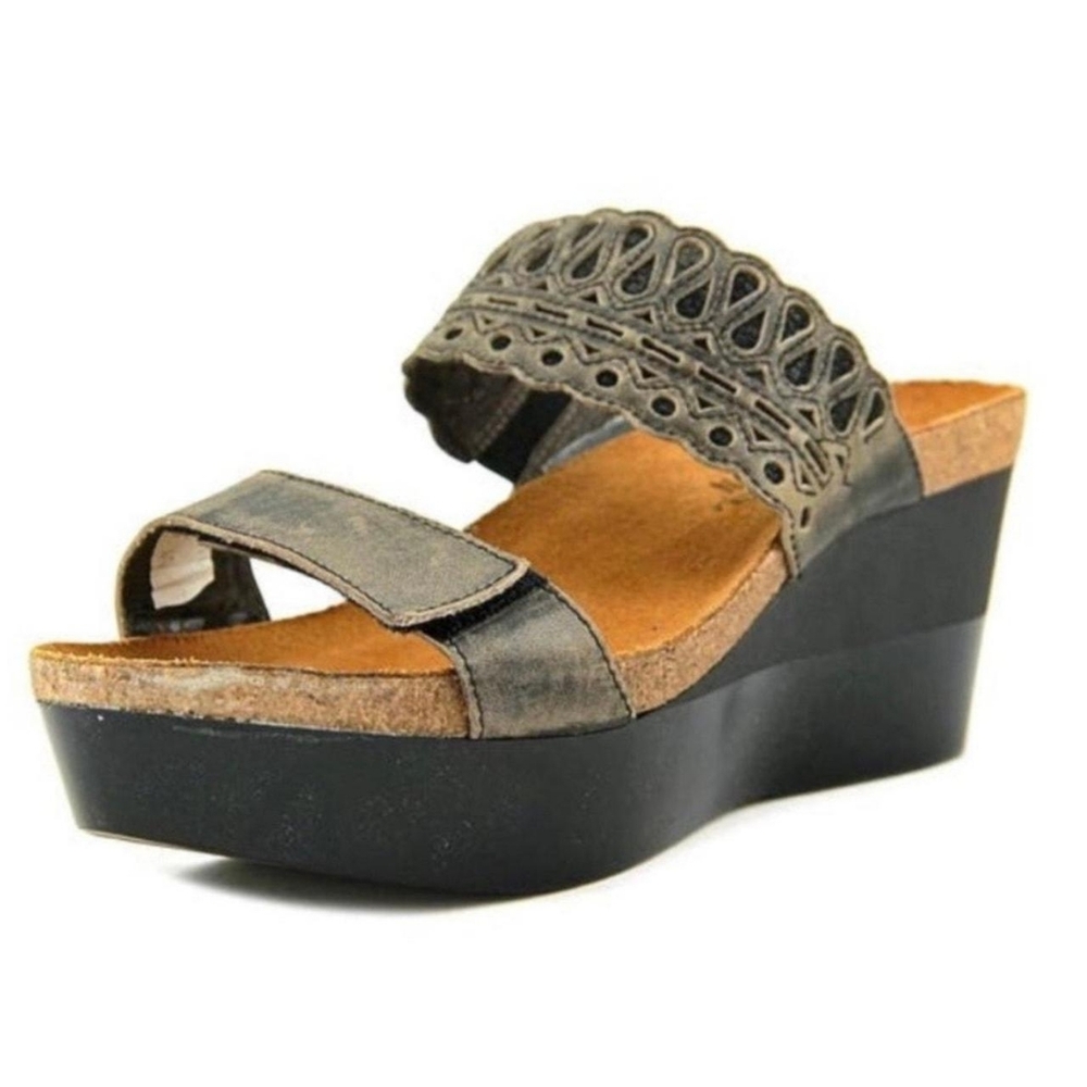 Naot Rise Gray Nubuck Leather Wedge Sandals